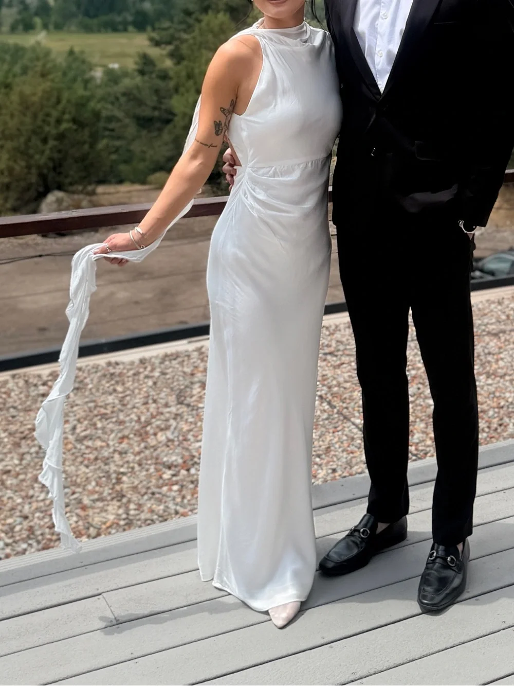 Shona Joy White Sleeveless Gown with Side Ruffle
